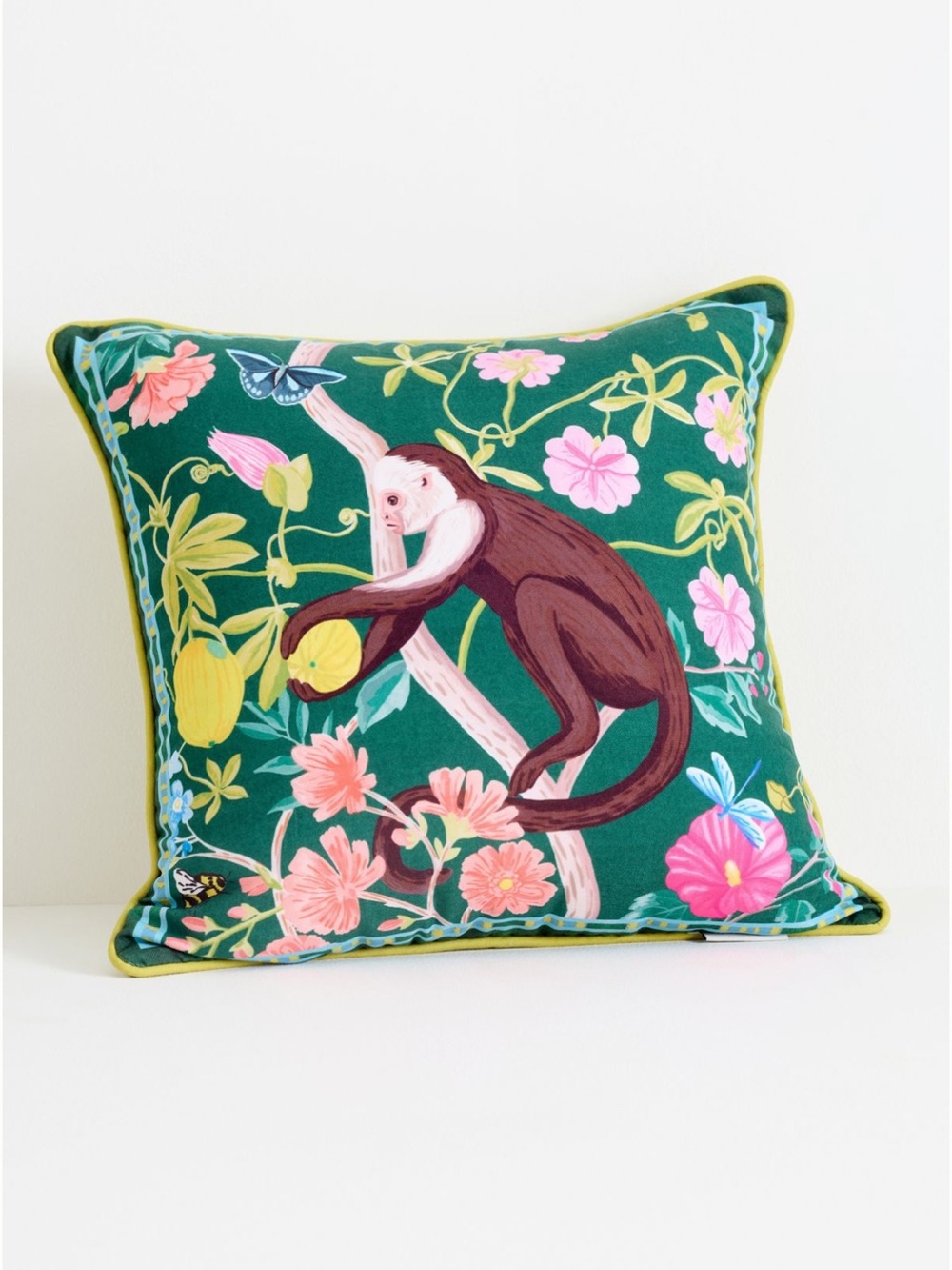 Anthropologie Green Floral Monkey Decorative Pillow Cushion